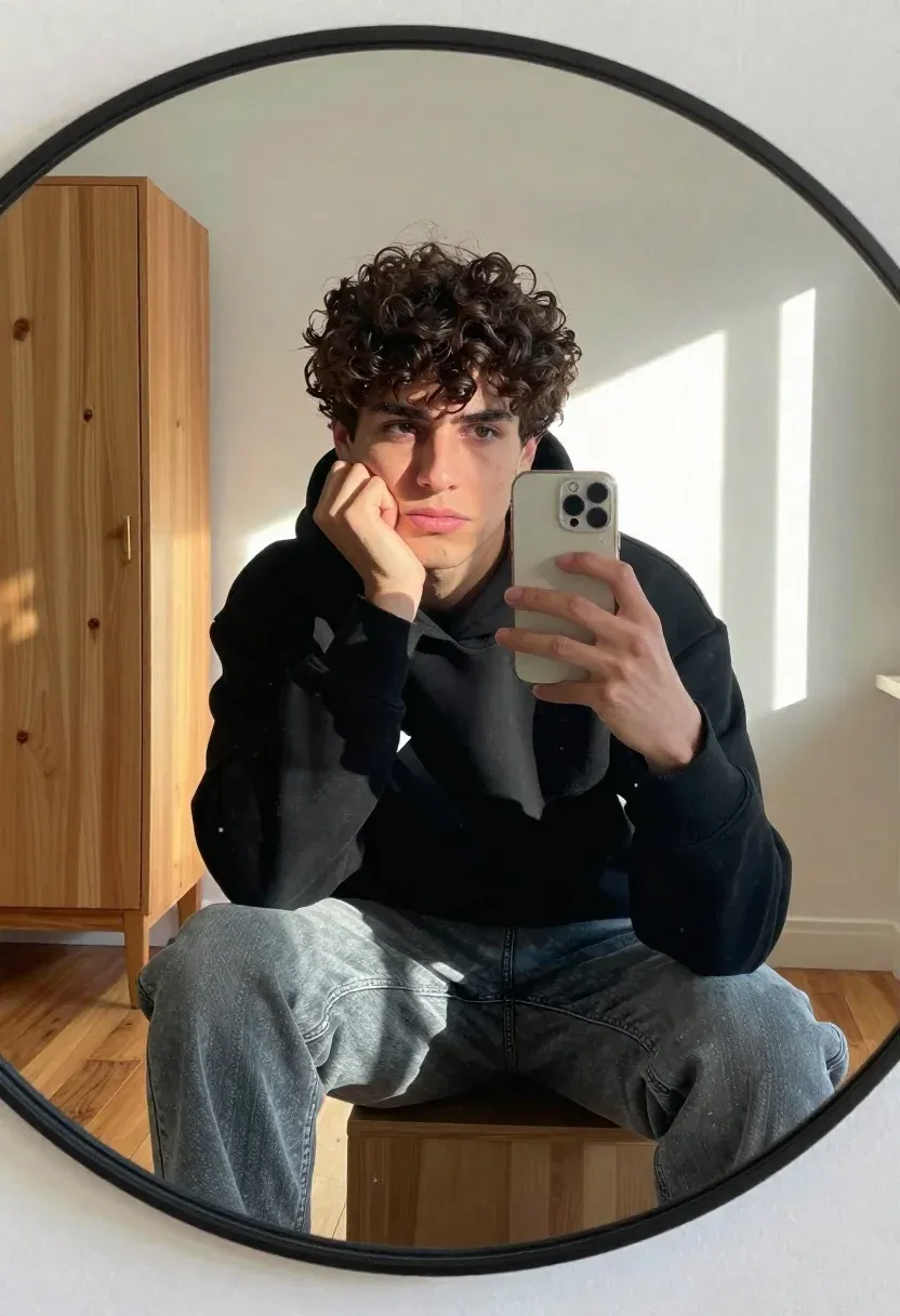 Young Man With Curly Hair Takes Mirror Selfie Holding Smartphone