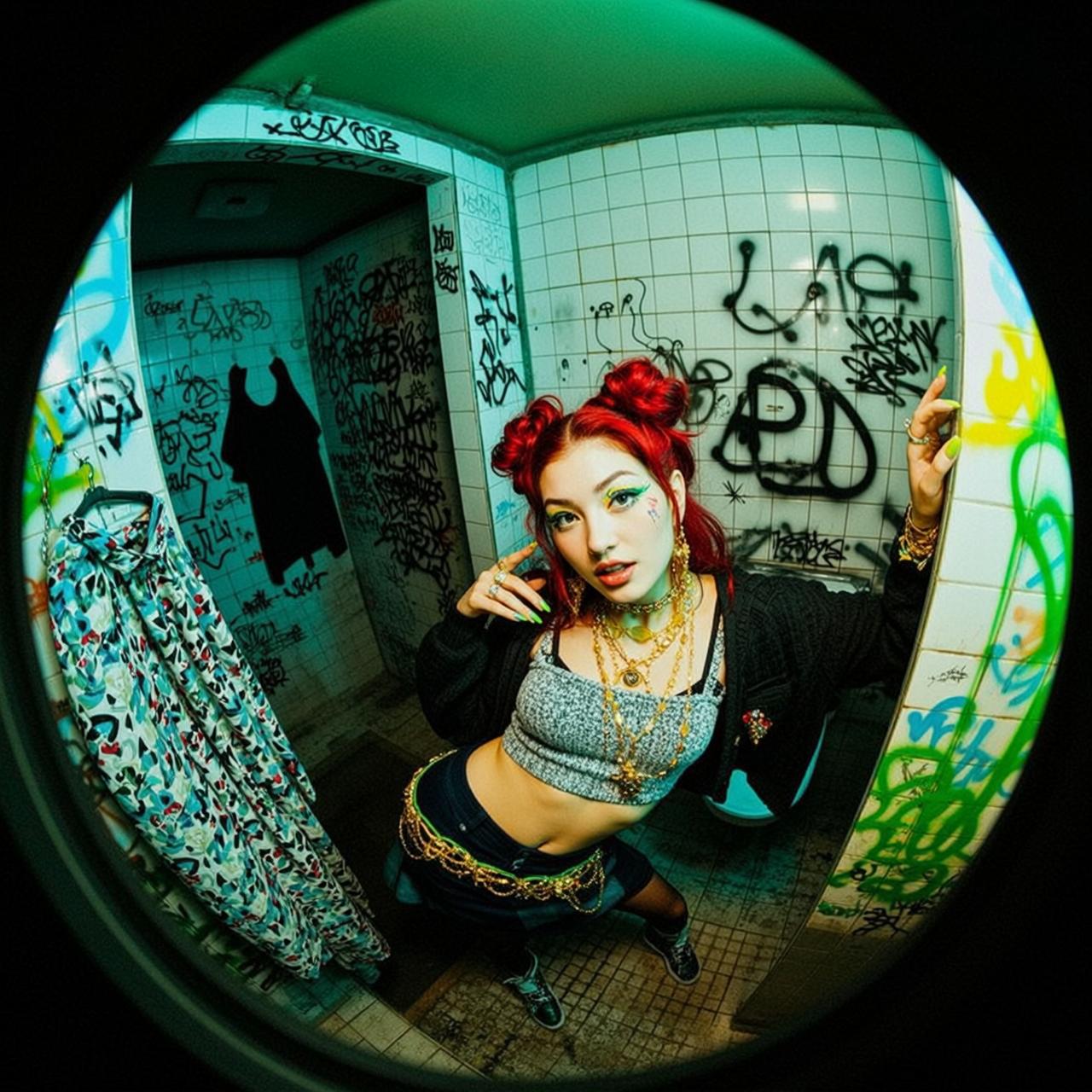 Graffiti Bathroom Red Hair Crouch