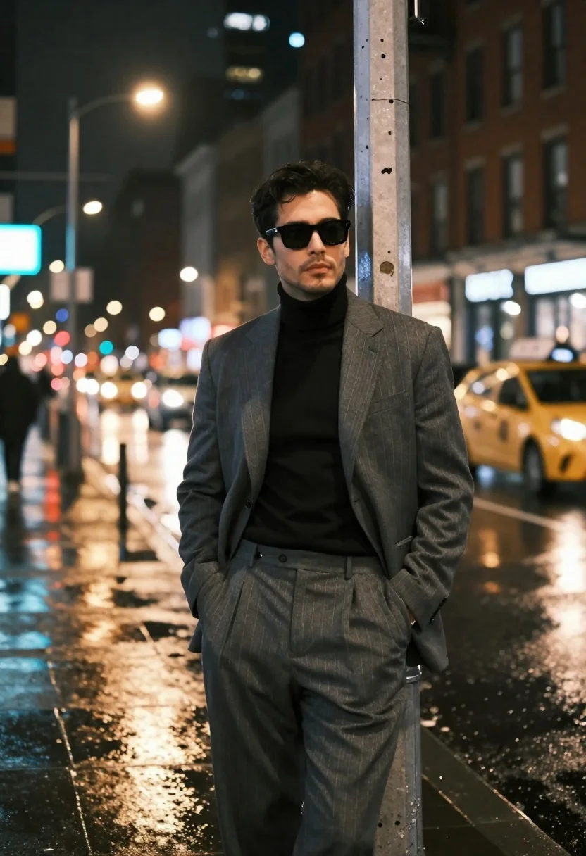 Medium Format Photography Stylish Man Leaning Casually Against Urban Streetlamp reference photo