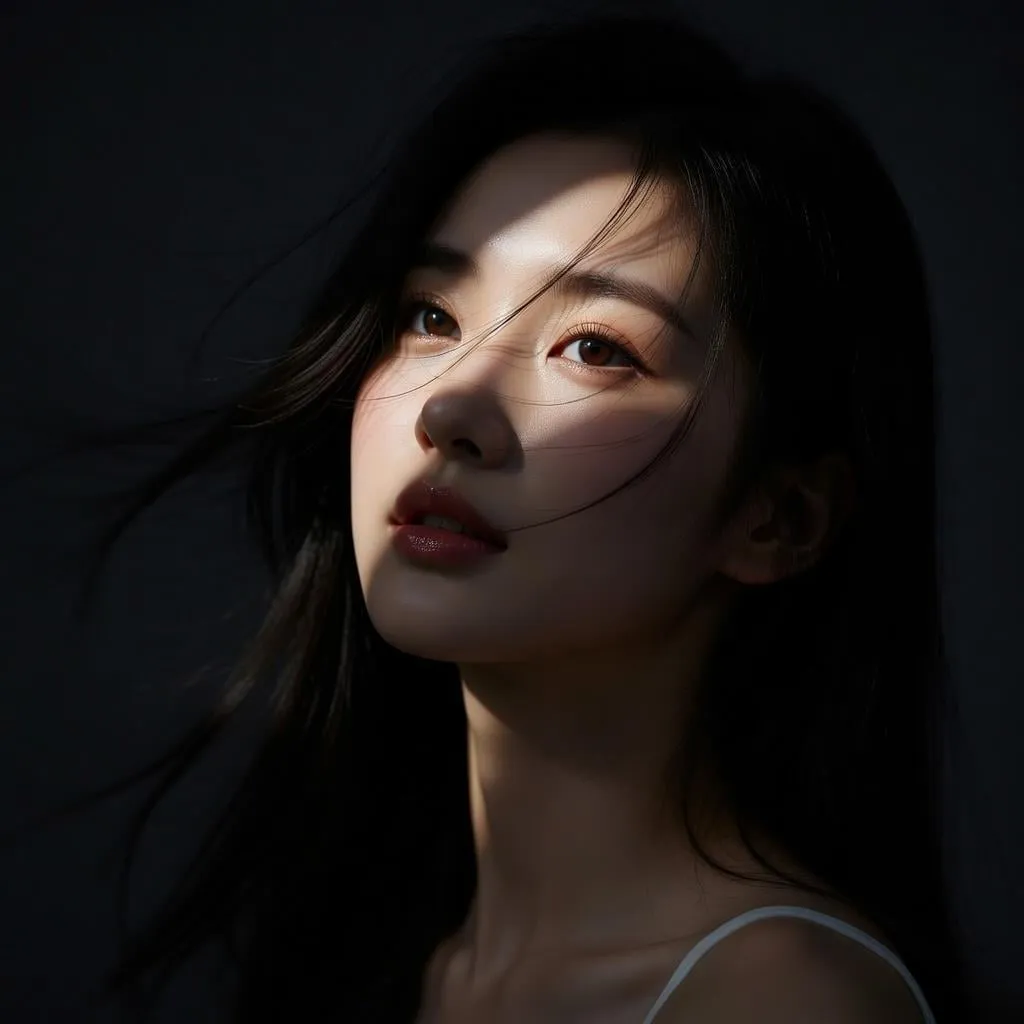 Windswept Black Hair Diagonal Light Beam Dark Cinematic Mood