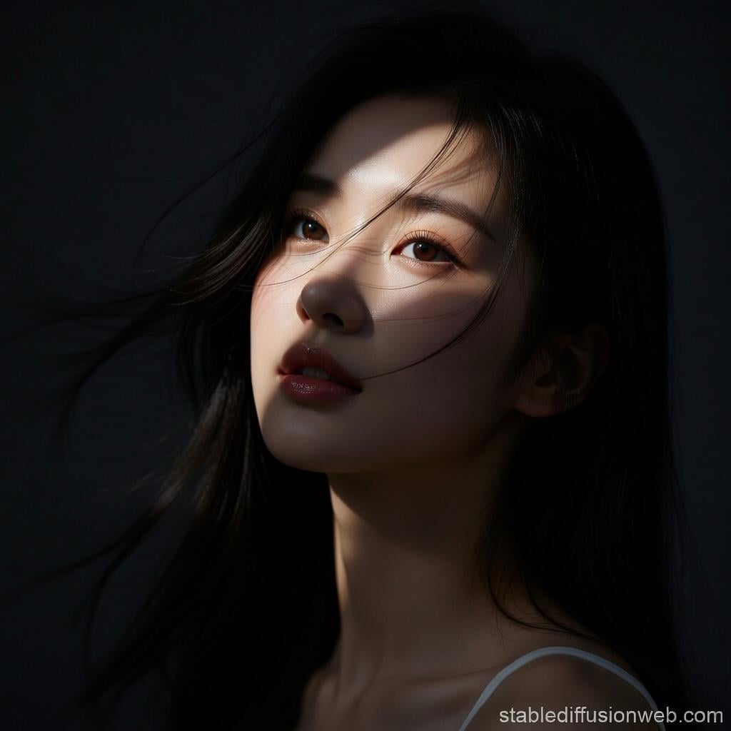 Windswept Black Hair Diagonal Light Beam Dark Cinematic Mood