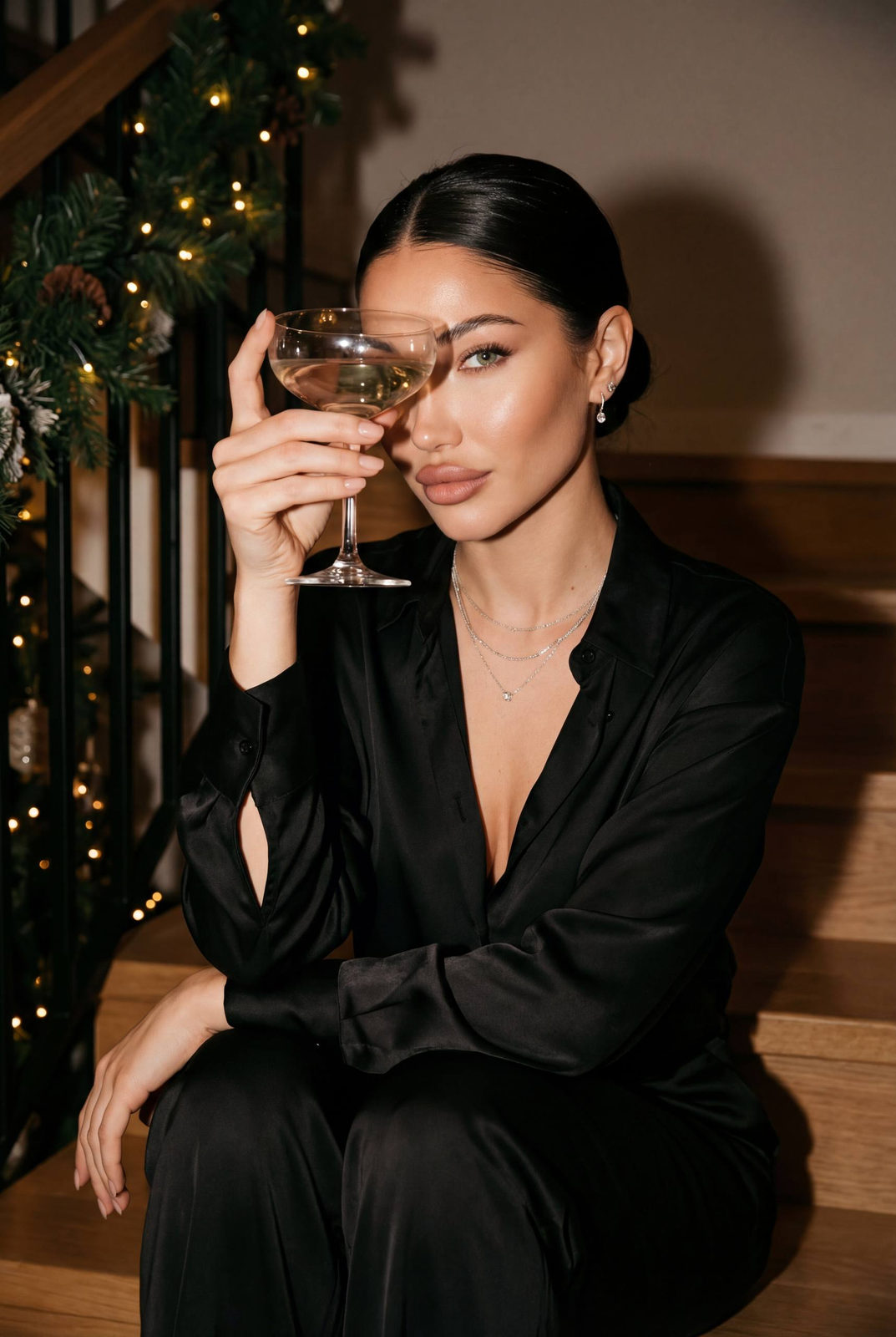A woman in a black satin outfit holds a cocktail glass, sitting on wooden stairs, with warm fairy lights in the background.