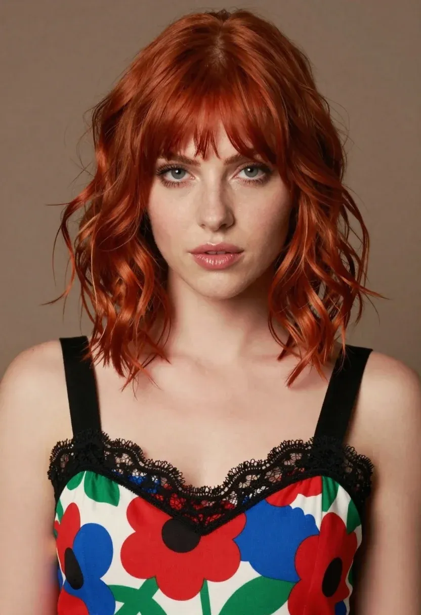 Close-up Portrait Woman With Vibrant Red Hair Styled Soft Waves