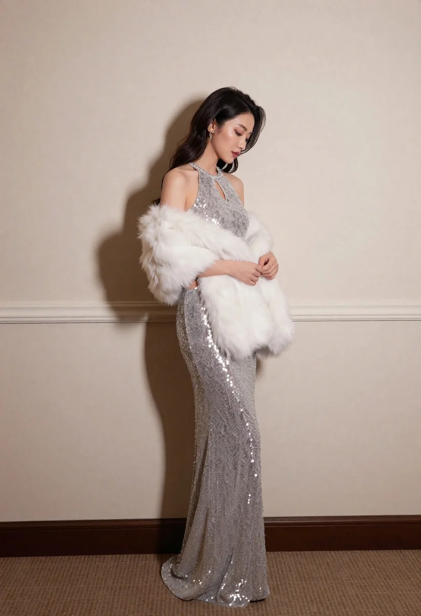 Woman Stands Profile Against Plain Wall Wearing Shimmering Silver Sequined reference photo