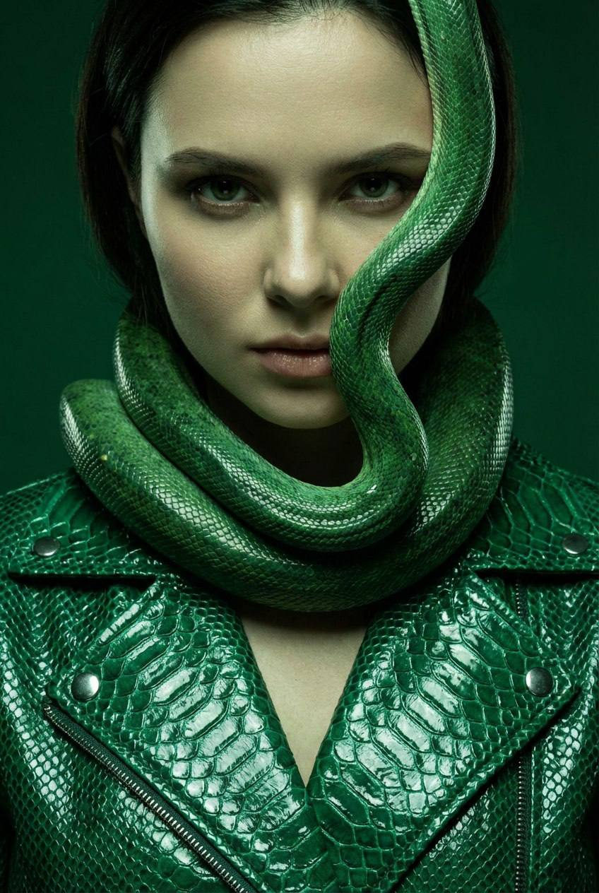 A fierce portrait of a person with a green python draped around their neck, set against a deep emerald backdrop.