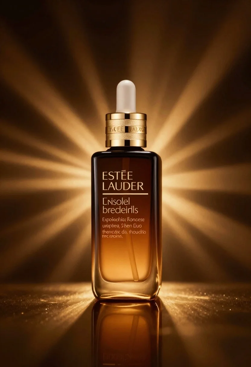 Photorealistic Beauty Product Shot Luxurious Amber Glass Bottle Against Deep reference photo