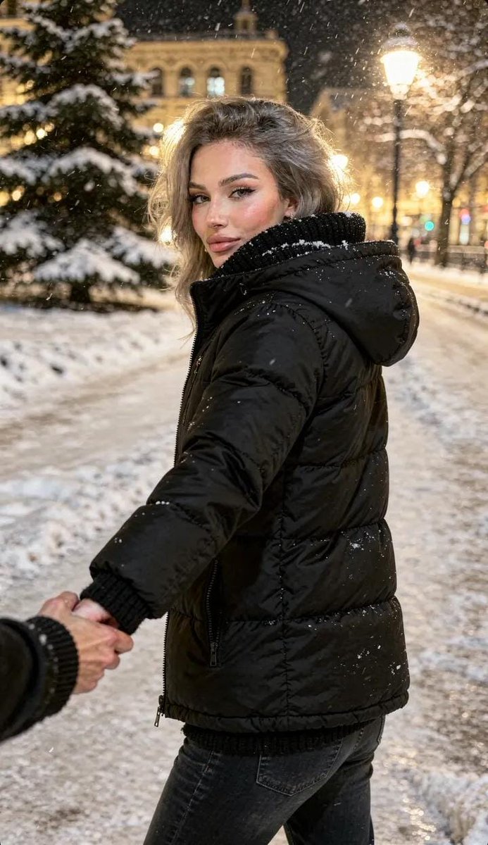 A woman with a warm smile captured mid-step in a snowy park, snowflakes in her hair and shoulders.