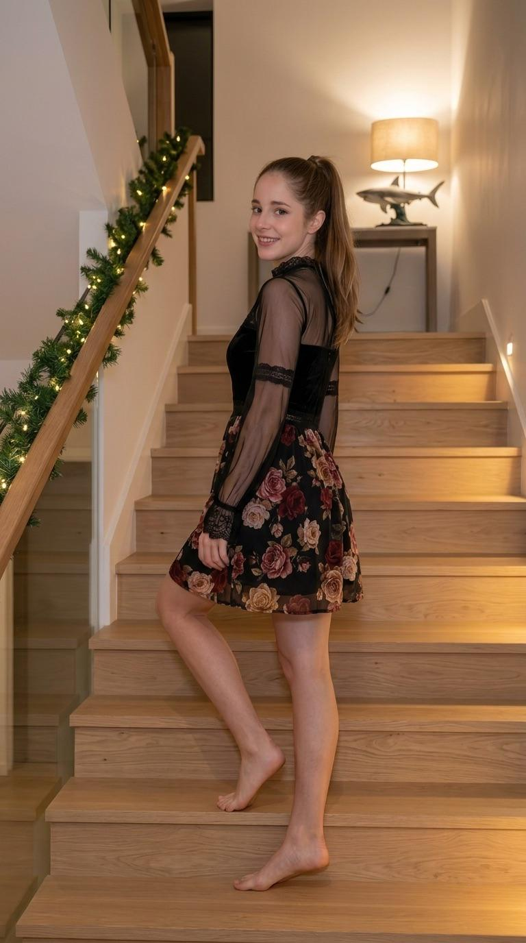 A woman stands barefoot on light wooden stairs, turned slightly to the right, smiling gently with warm garland lights in the background.