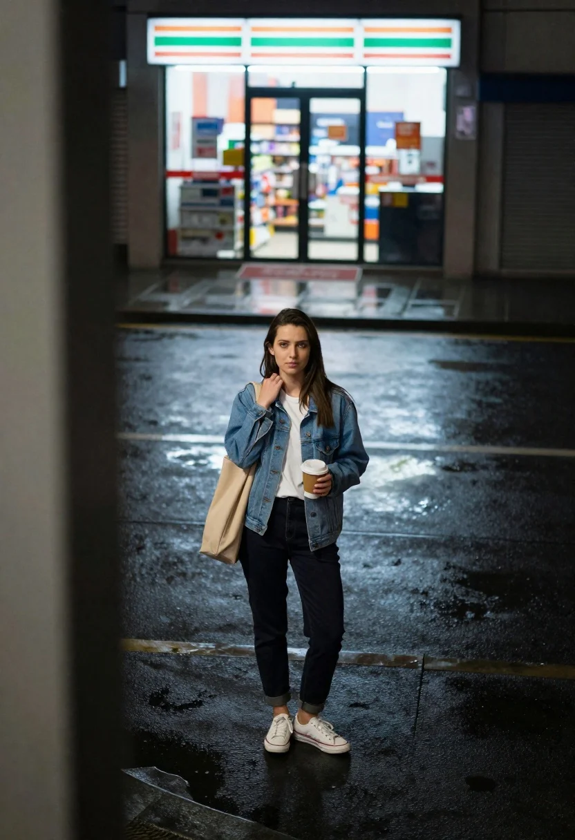 Young Woman Stands Alone The Middle Wet City Street Night