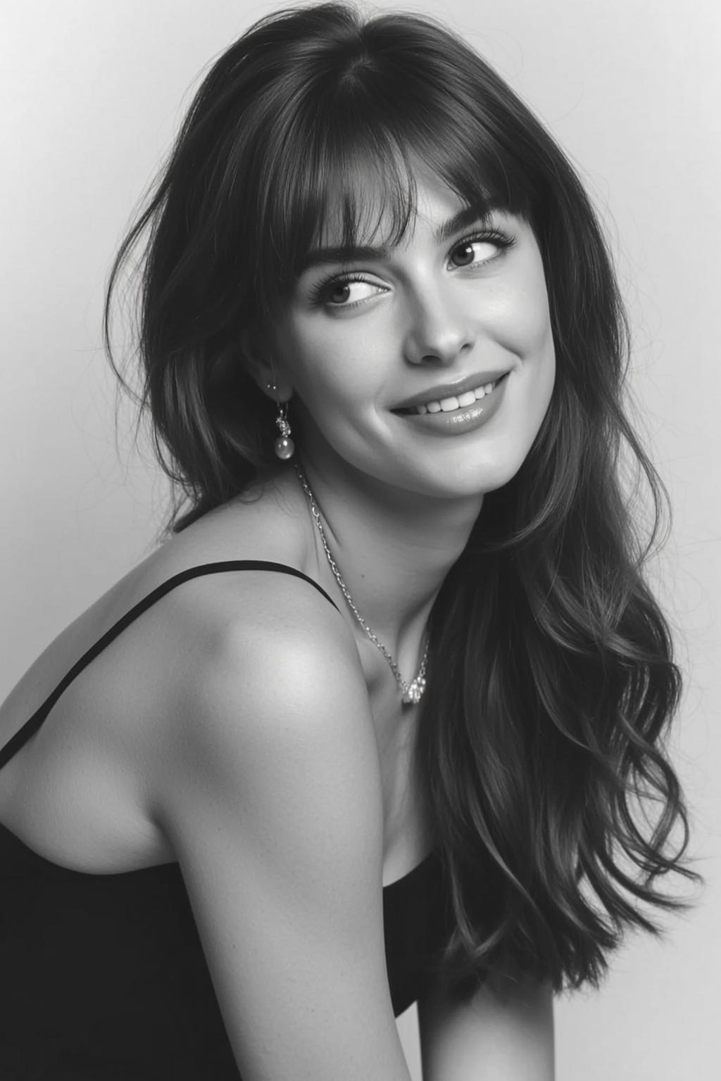Black And White Medium Shot Portrait Young Woman With Long