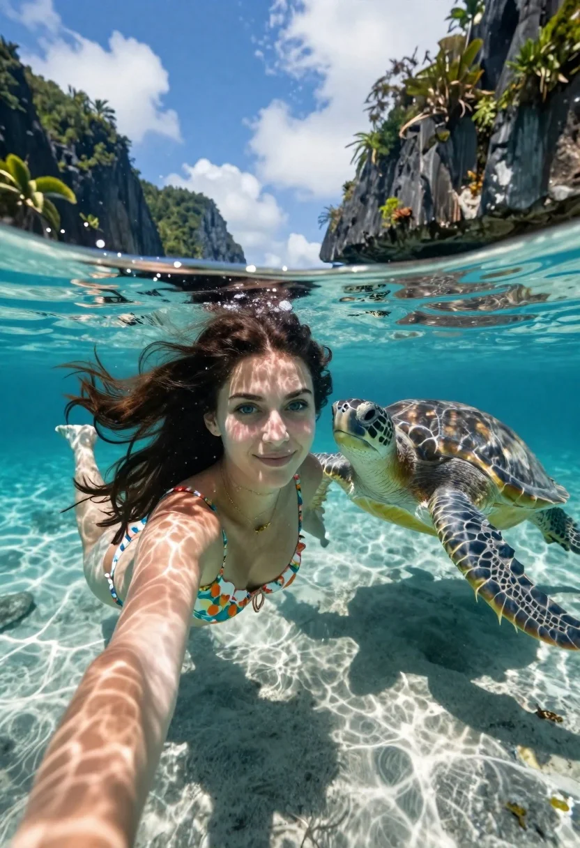 Young Woman With Long Dark Hair Swimming Underwater Clear Turquoise