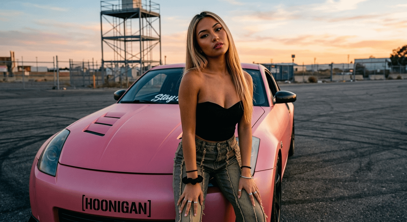 A confident young woman posing with a pink Nissan 350Z during golden hour, wearing a strapless top and distressed jeans.