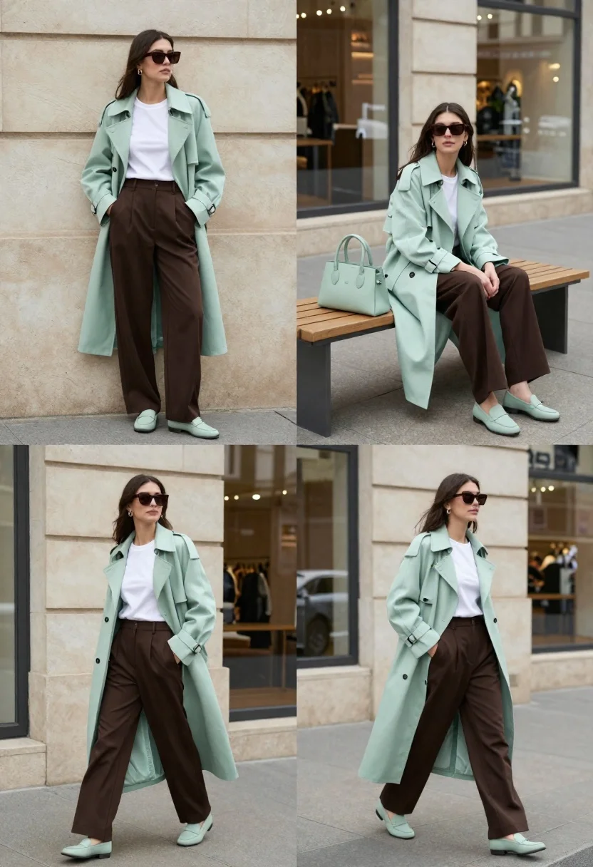High-fashion Editorial Collage Featuring Stylish Woman Modeling Mint Trench Coat reference photo