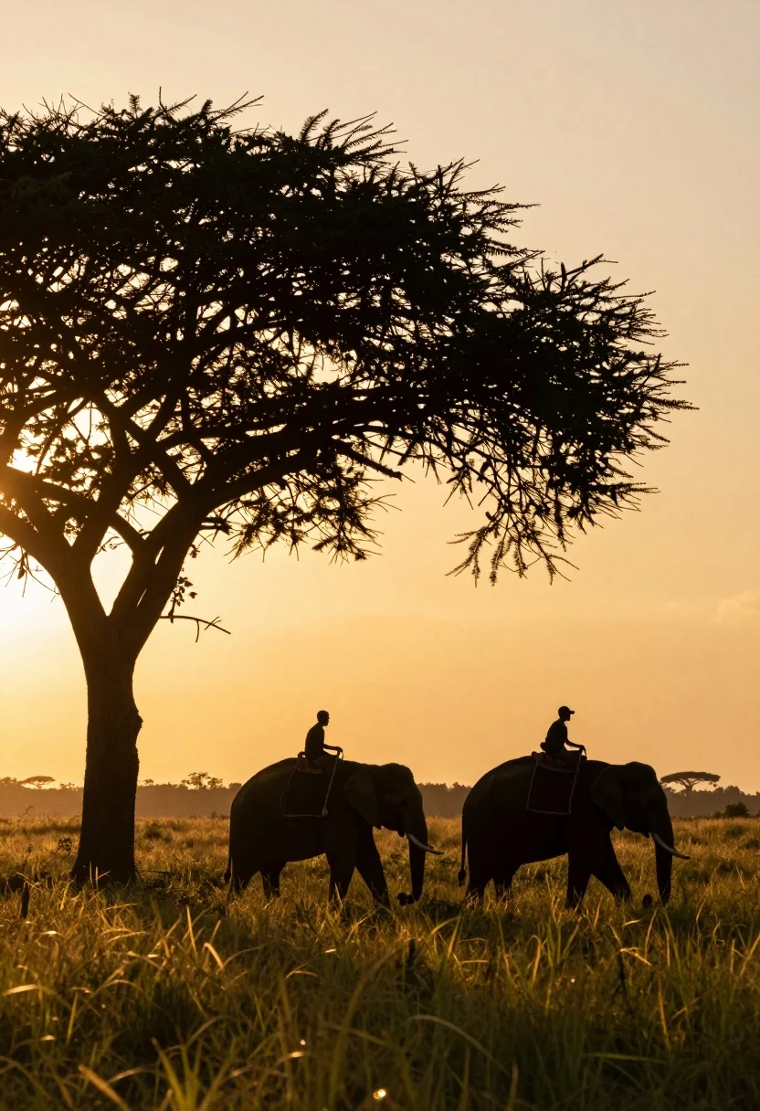 Serene Silhouette Scene Two Elephants With Riders Walking Across Grassy