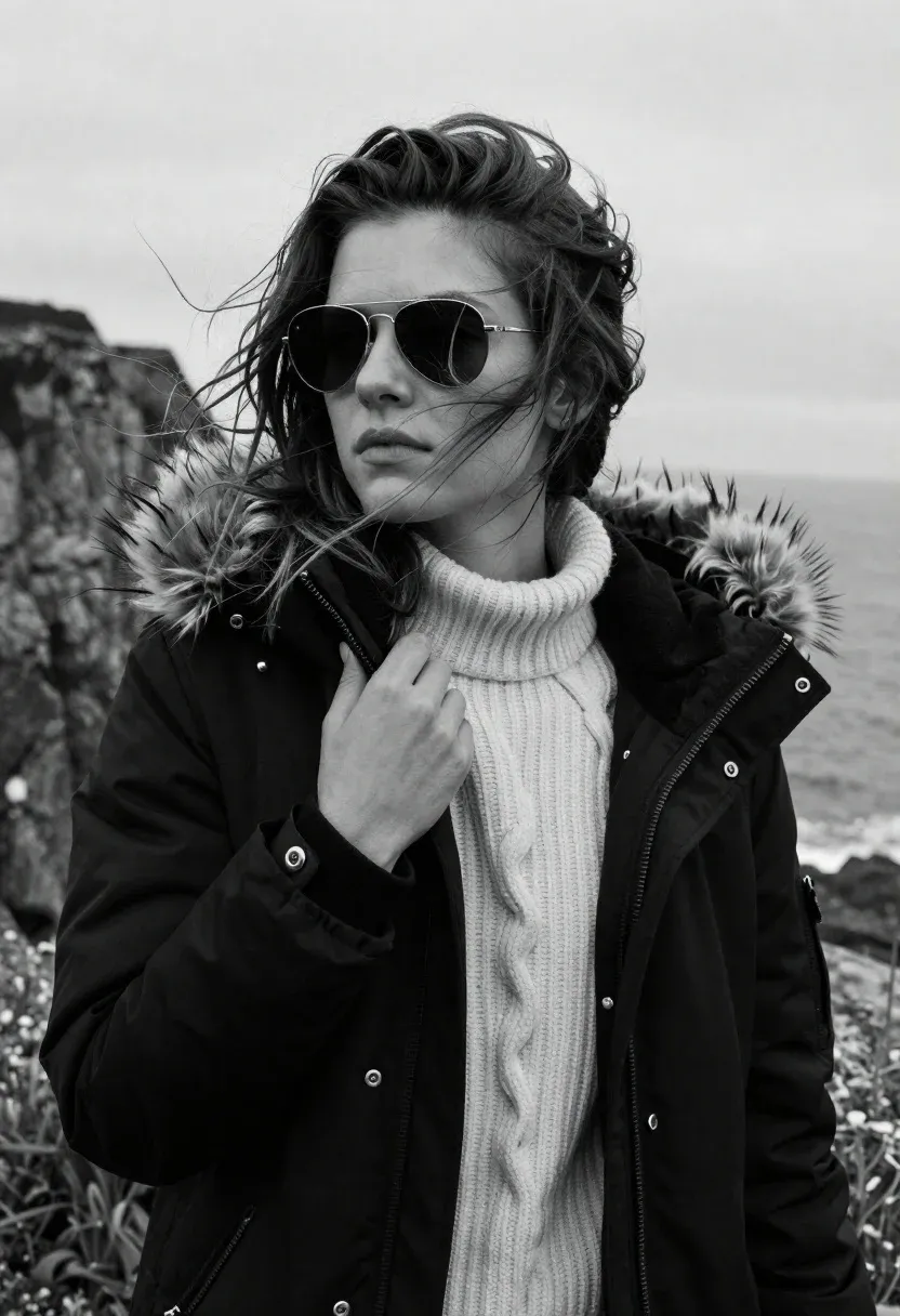 Monochrome Portrait Young Woman Standing Outdoors With Wind Blowing Her