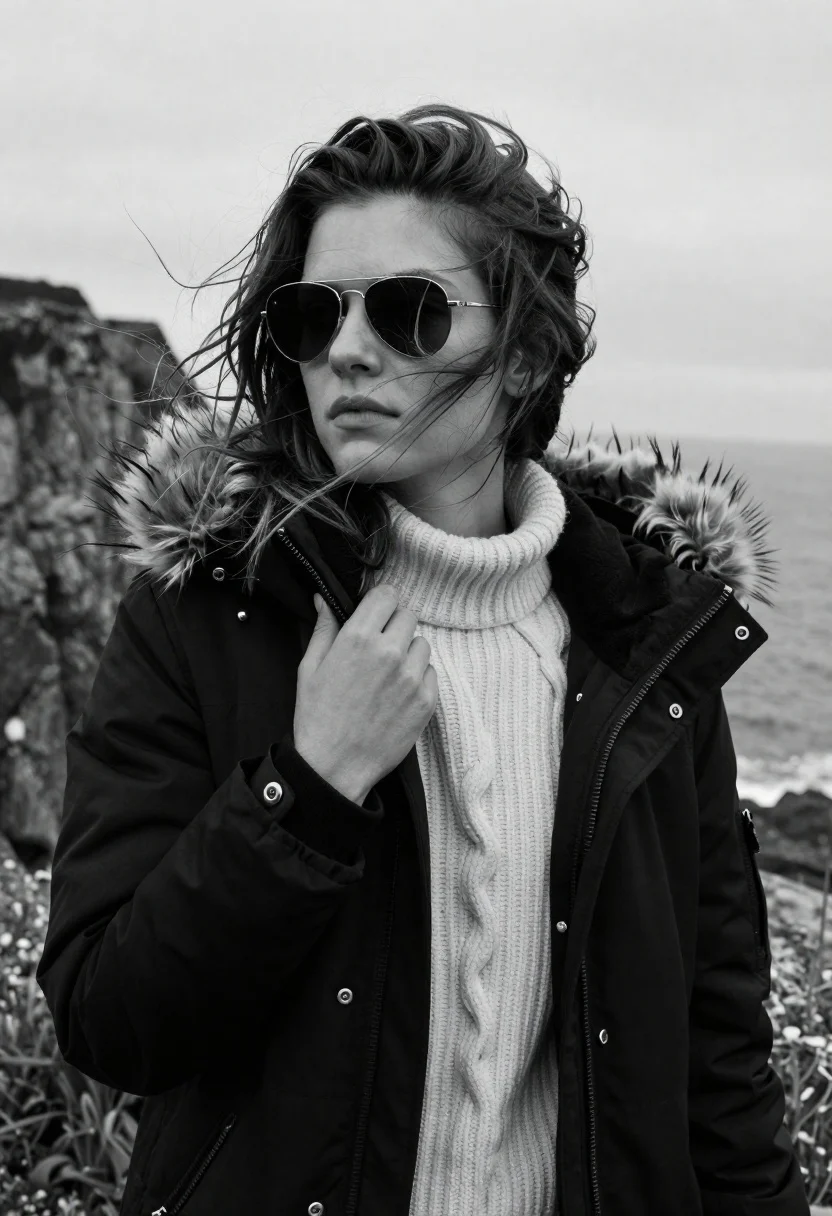 Monochrome Portrait Young Woman Standing Outdoors With Wind Blowing Her