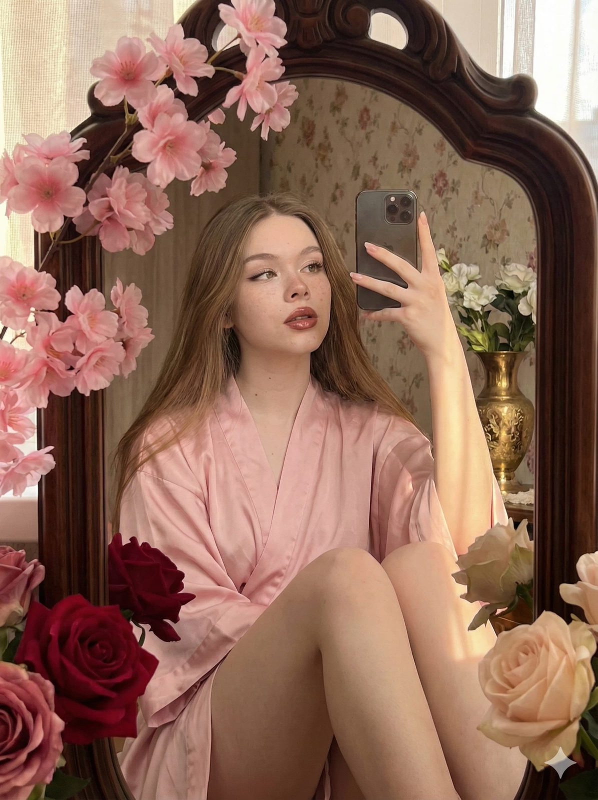A hyper-realistic selfie portrait of a woman in a pastel pink kimono, surrounded by cherry blossoms and a dark wooden mirror.