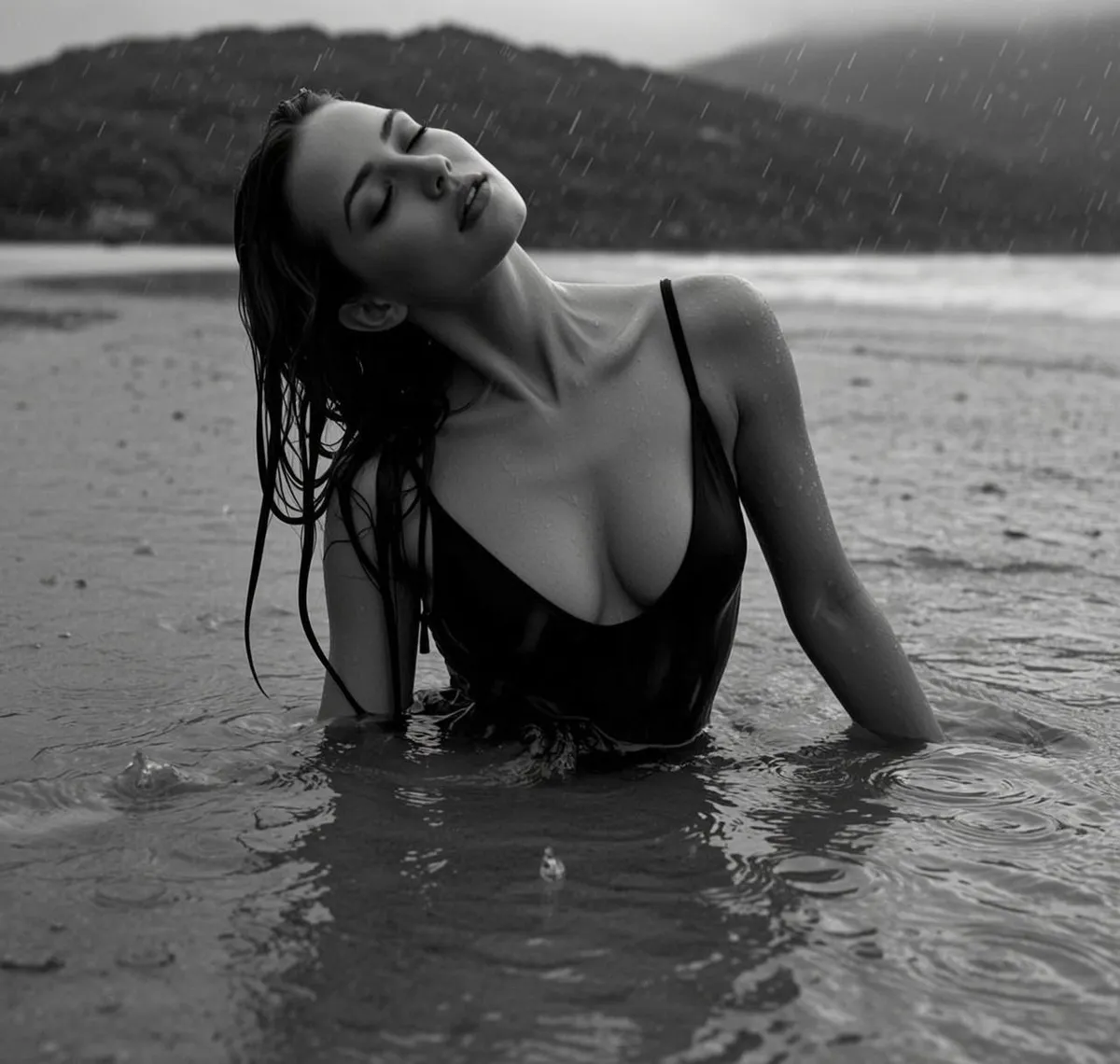 Photorealistic Black And White Portrait Shows Young Woman Partially Submerged