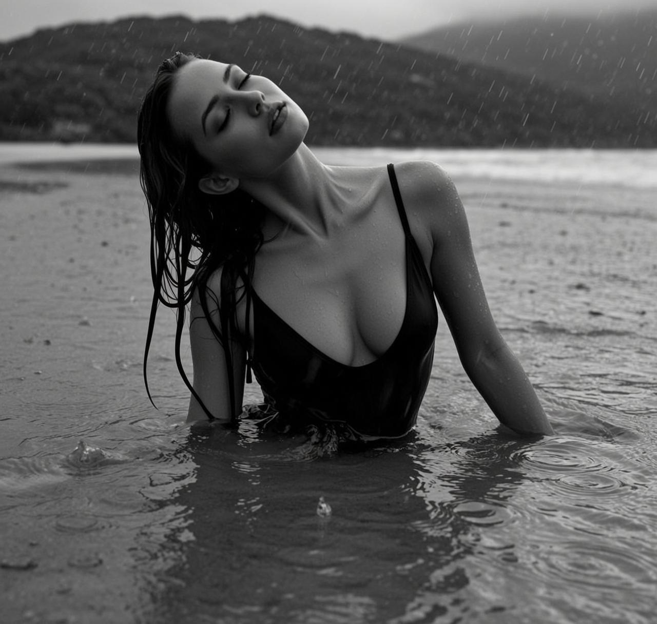 Photorealistic Black And White Portrait Shows Young Woman Partially Submerged reference photo