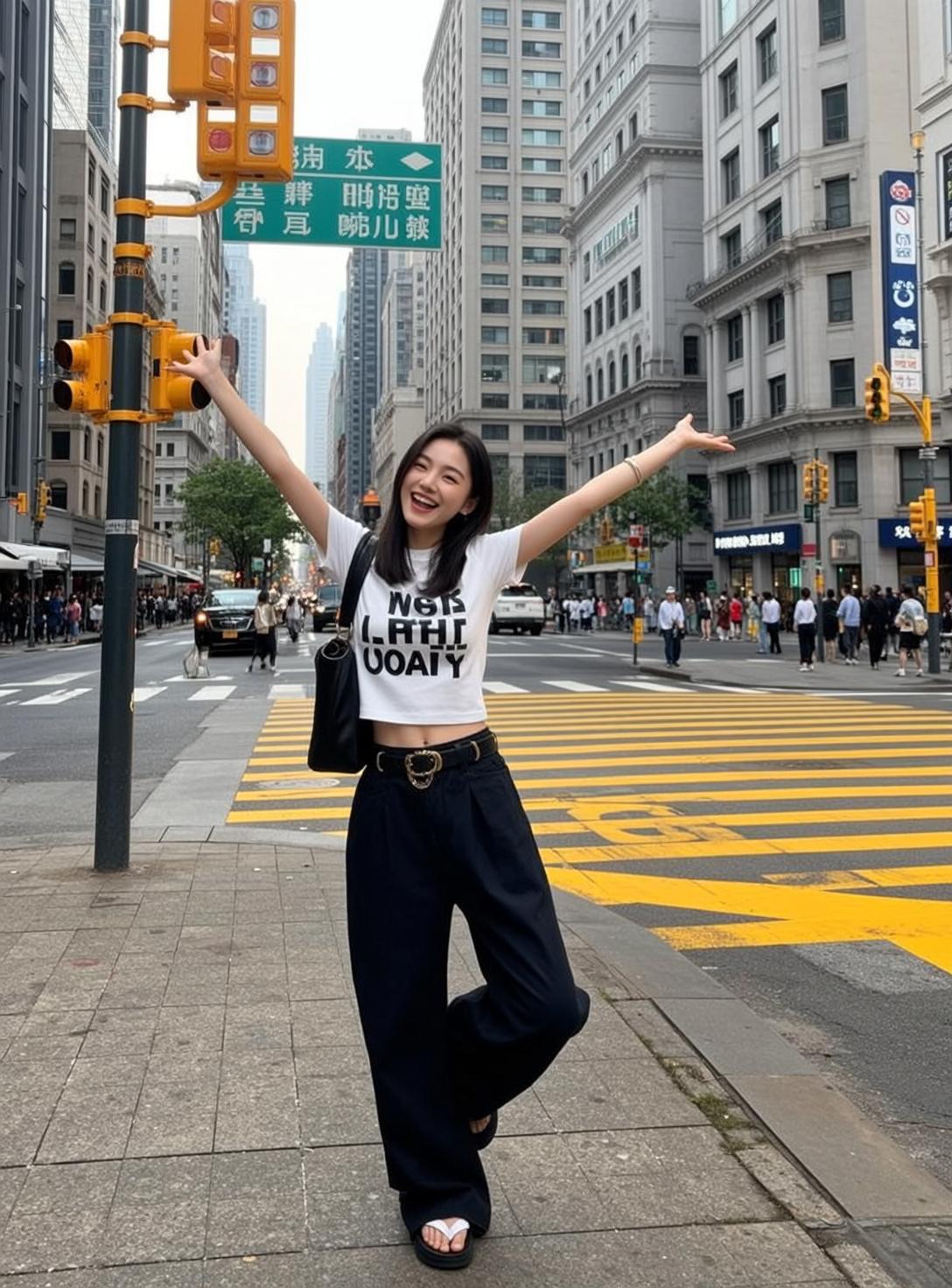 Acubi Stands City Sidewalk Her Arms Outstretched