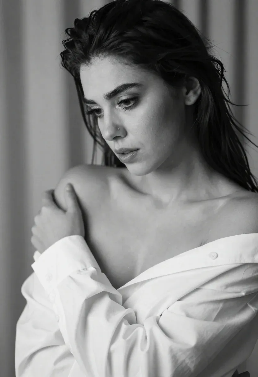 Dramatic Black And White Studio Portrait Young Woman With Intense