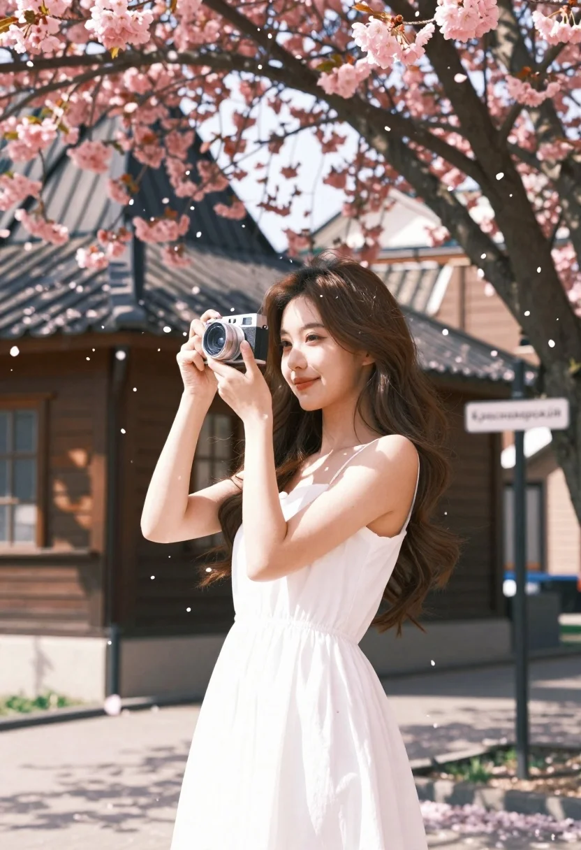 A young woman with long brown hair smiles while holding a silver camera to her eye amidst falling cherry blossoms.