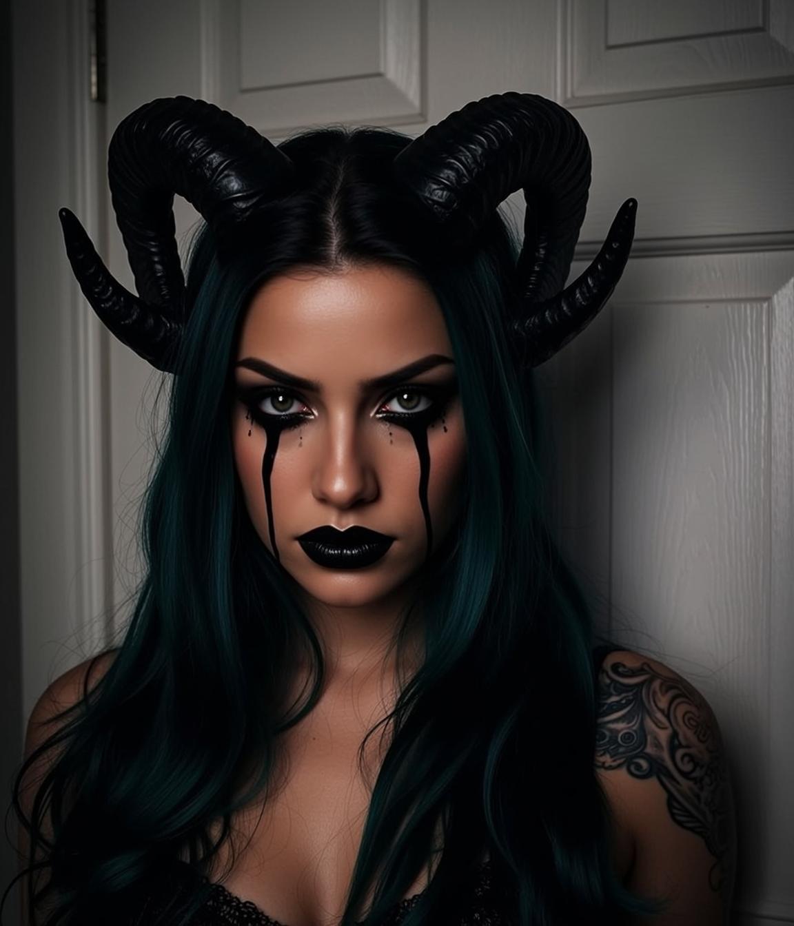 Halloween Makeup Long Wavy Dark Teal Fair