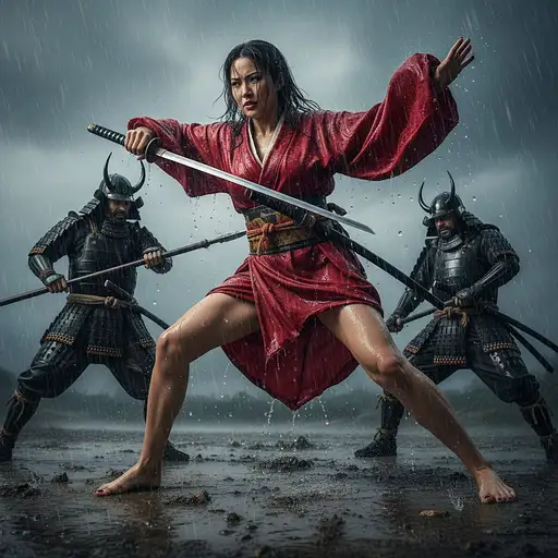 Beautiful Japanese Female Warrior Wearing Short Red Kimono Blown Wide