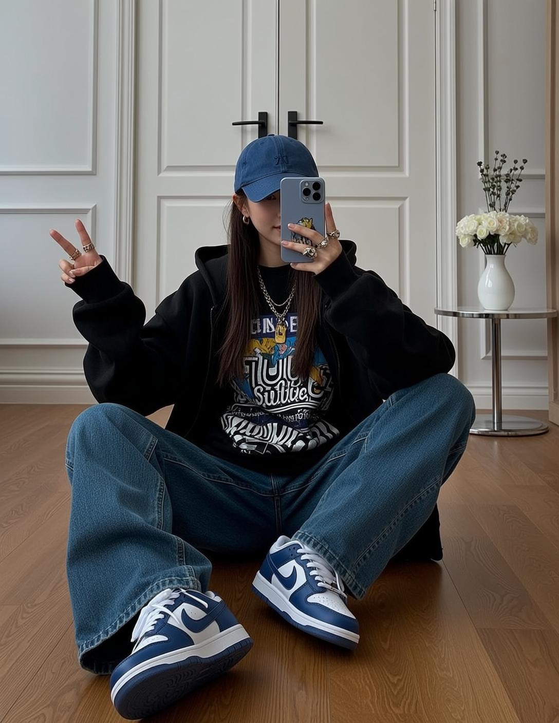 Girl In Hoodie Peace Sign White Door Wooden Floor
