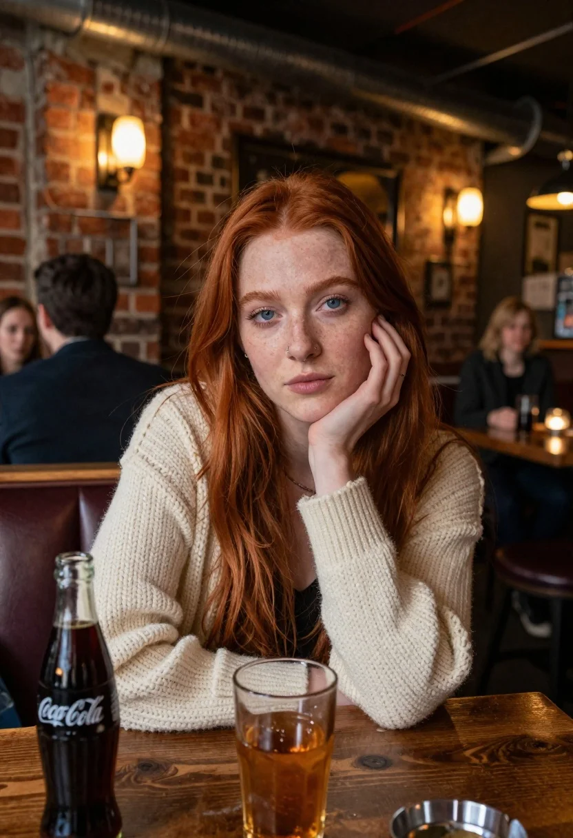 Young Woman With Long Red Hair Sits Wooden Table Dimly reference photo