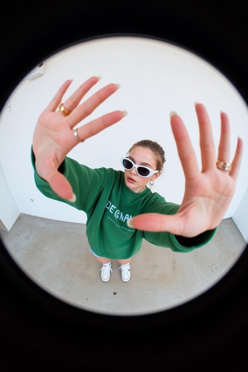 Green Sweatshirt White Text Denim Shorts Sunglasses Outdoor