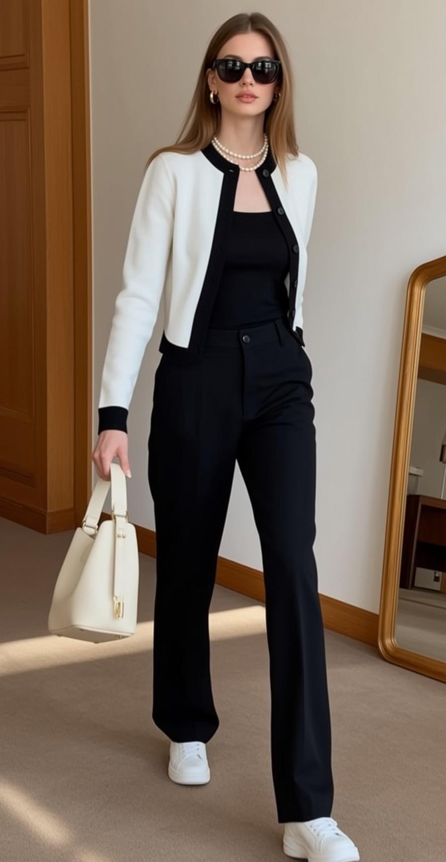 Black Tank White Cardigan Hallway Gold Mirror