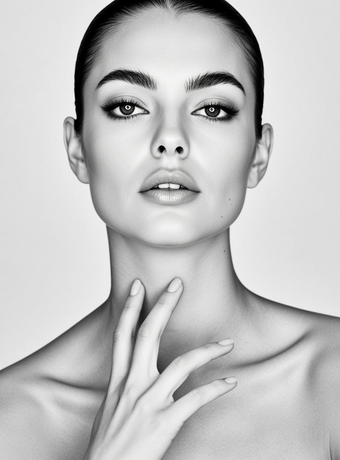Photorealistic Black And White Medium Close-up Portrait Young Woman With