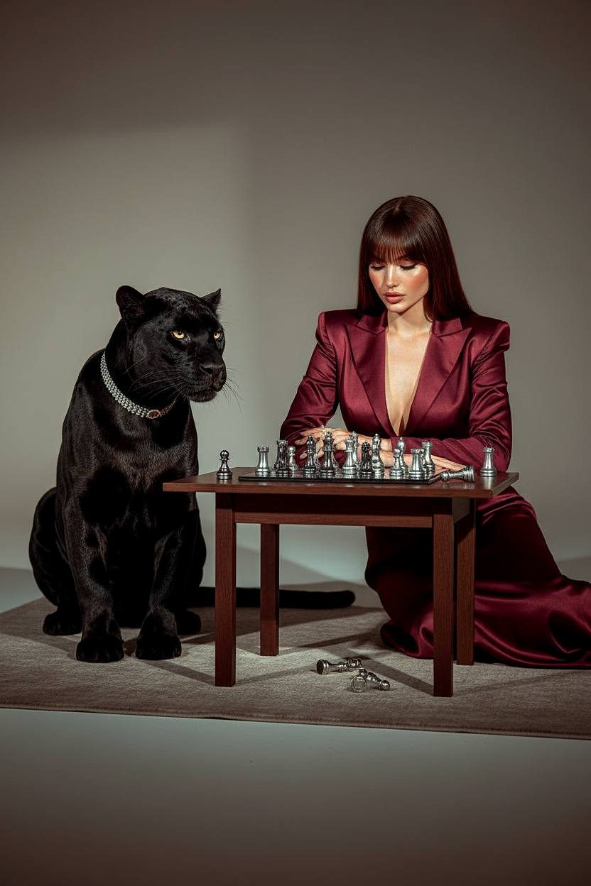 A woman in a deep burgundy satin dress plays chess with a panther in a minimalist studio.