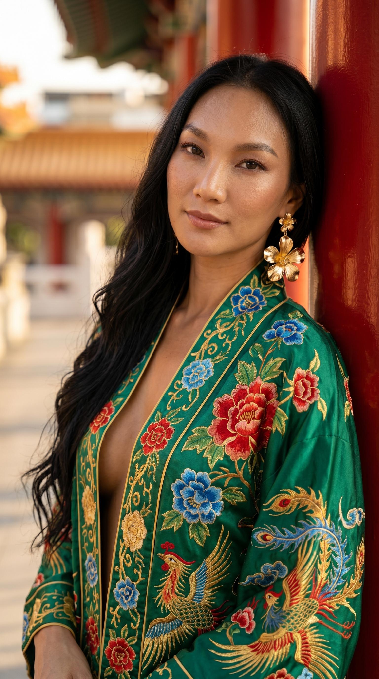 Emerald Silk Kimono Red Pillar East Architecture