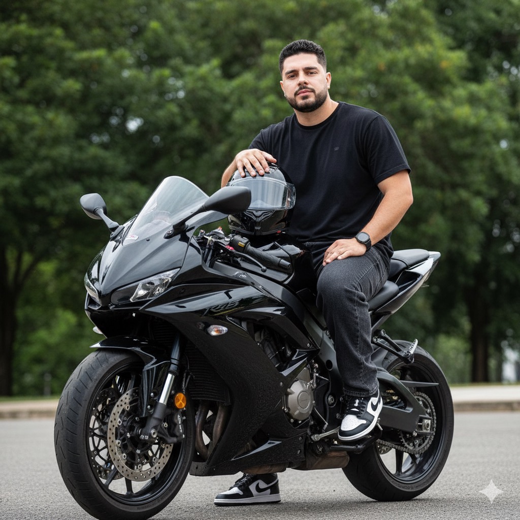 A realistic portrait of a person on a shiny black sports motorcycle, set outdoors with lush green trees in the background.