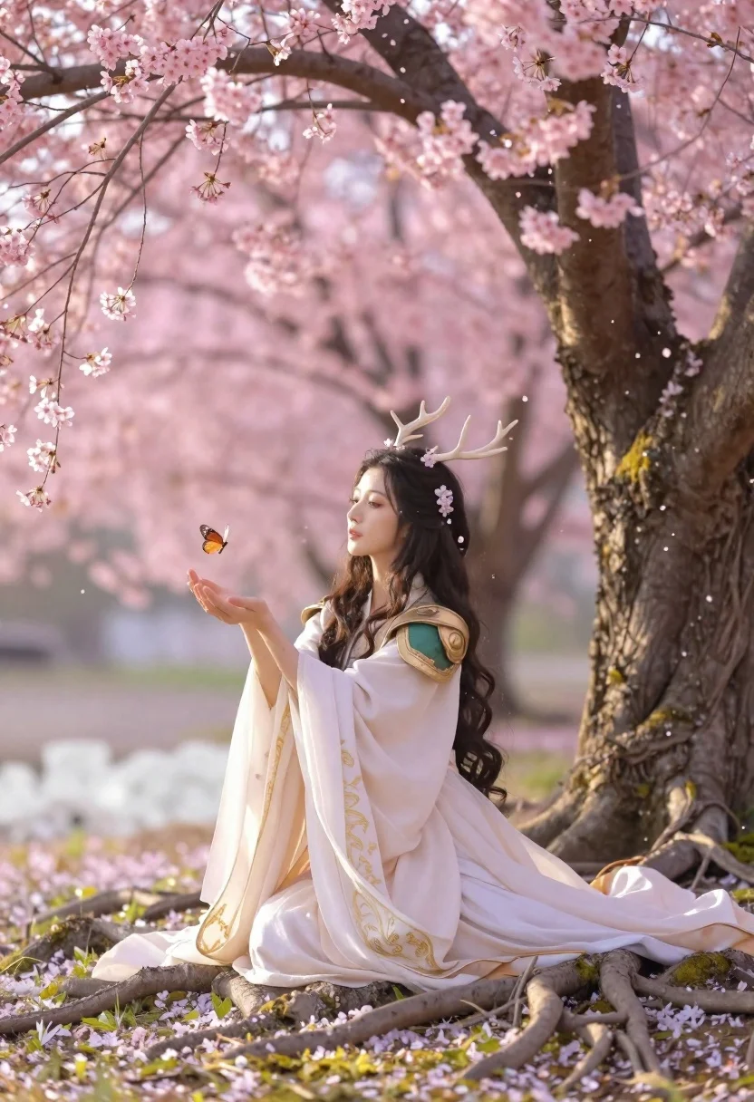 Soft-focus Fantasy Painting Woman Kneeling The Roots Ancient Cherry Blossom reference photo