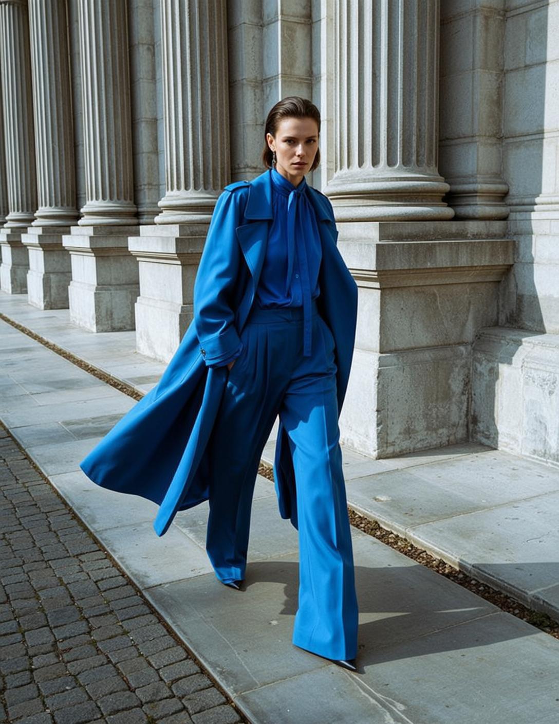 Walking Urban Columns Blue Silk Blouse Trench Coat