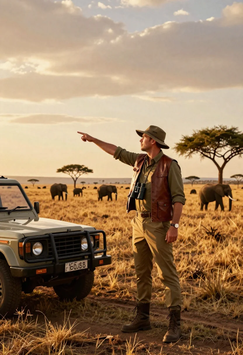 Epic African Savanna Adventure Scene Safari Guide Man Observing Wildlife reference photo