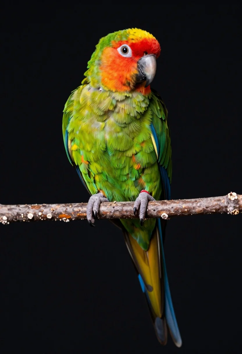 Vibrant Parrot Perched Thin Branch Against Solid Black Background Subject