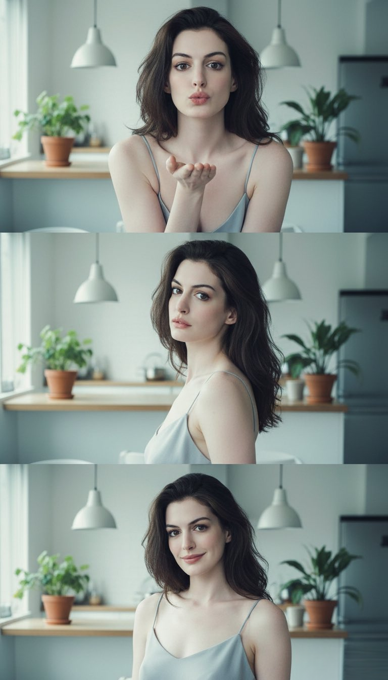 A warm portrait of a character blowing a playful kiss, set in a softly lit kitchen atmosphere.