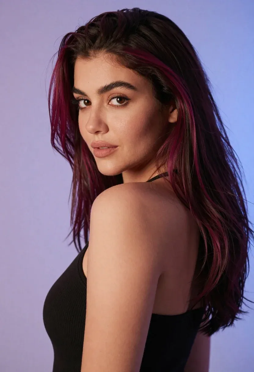 Close-up Portrait Woman With Long Dark Hair Featuring Vibrant Magenta