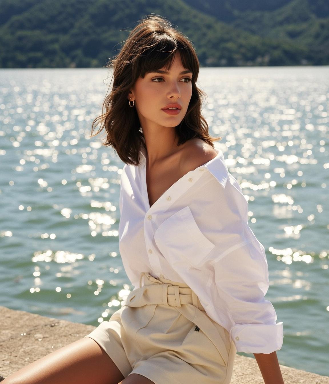 Water Off Shoulder Shirt Cream Shorts