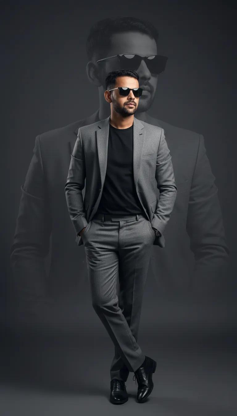 A stylish young man in a grey suit with a black t-shirt, confidently posing with hands in pockets, set against an elegant dark background.
