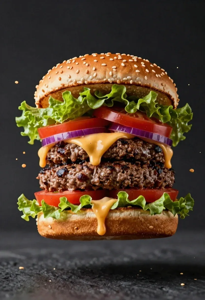 Mouthwatering Close-up Juicy Double-patty Burger Suspended Mid-air Against Dark Background
