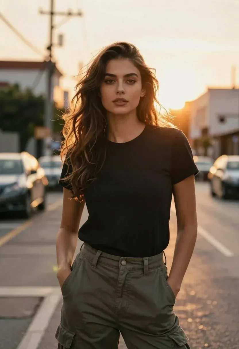 Portrait Young Woman With Long Wavy Brown Hair Standing Urban