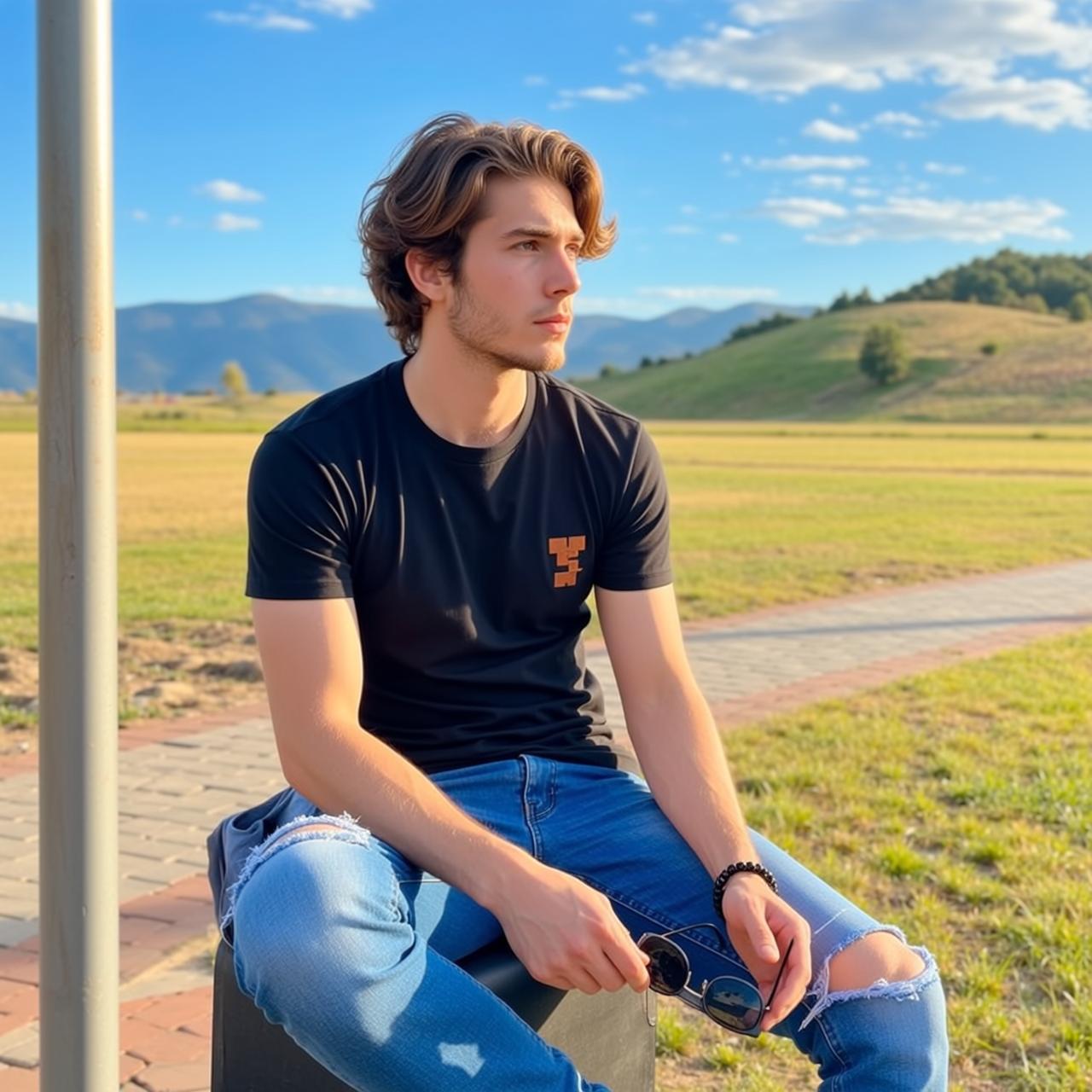 Explore Young Seated Outdoors Facing His Right