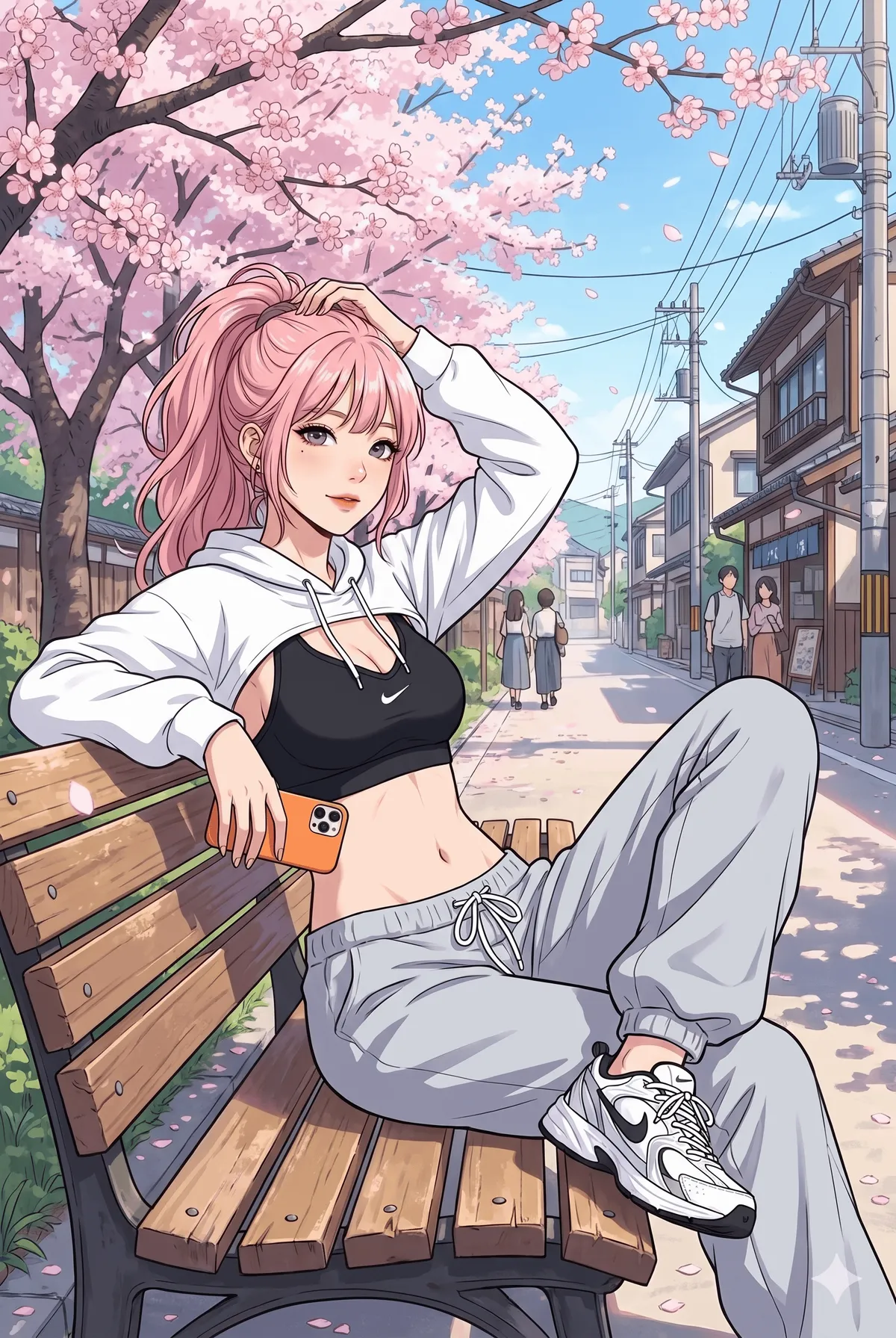 Anime Woman Park Bench Summer Day Iphone