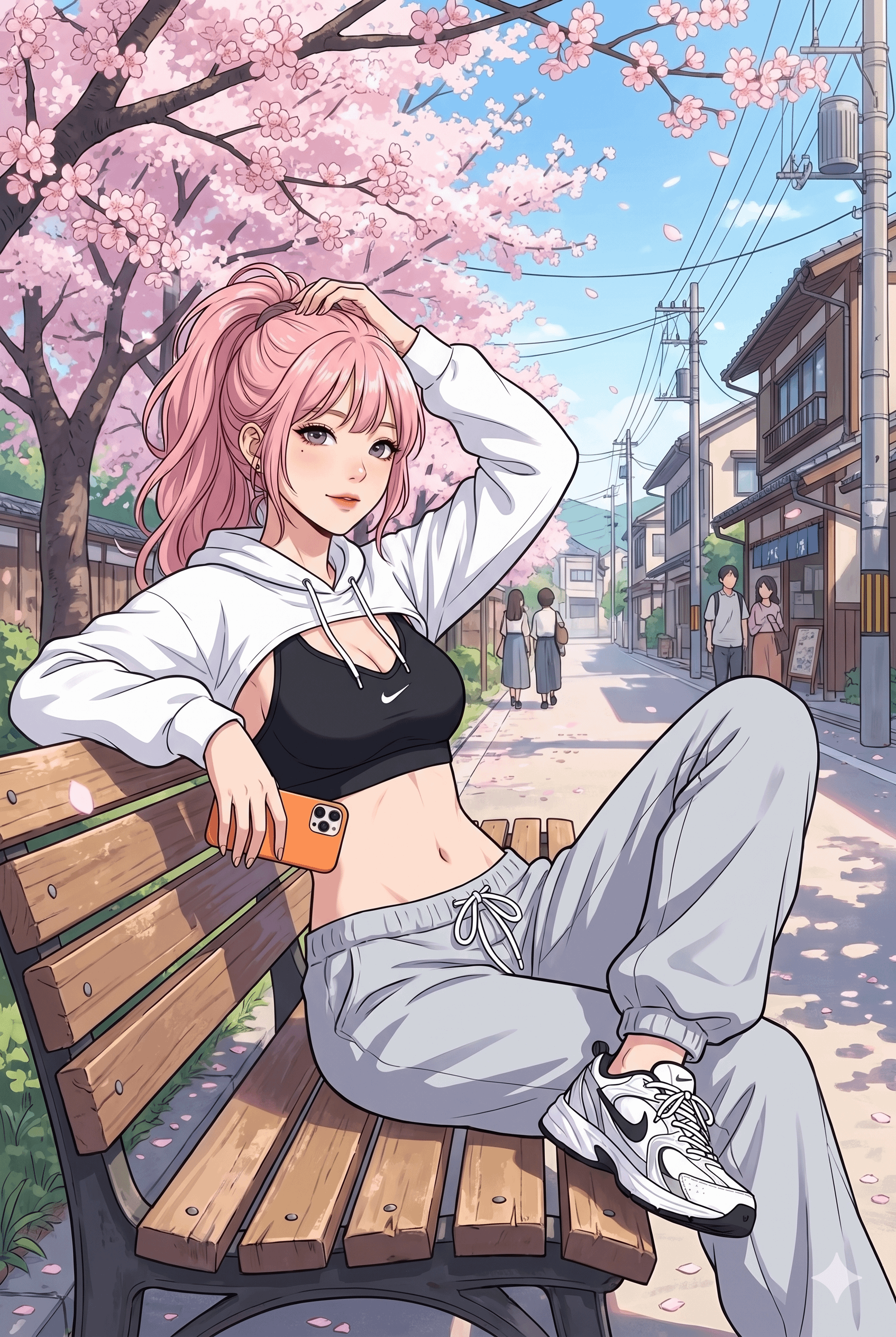 Anime Woman Park Bench Summer Day Iphone