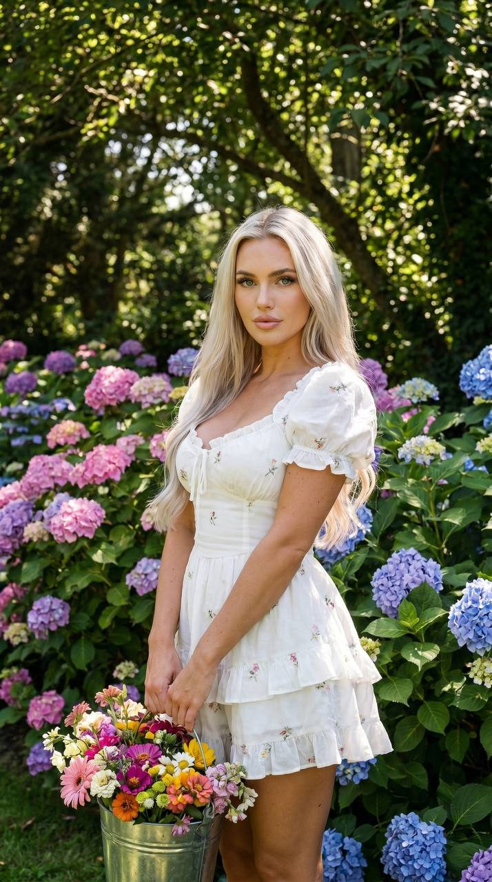 A girl in a white dress stands gracefully in a garden filled with blooming hydrangeas, holding a bucket of bright flowers.